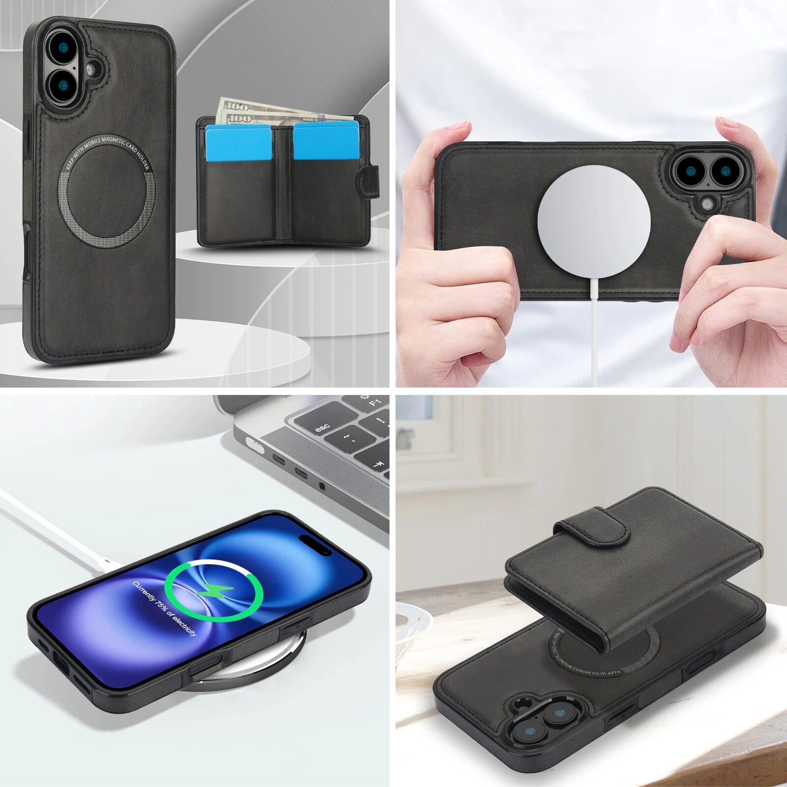 iPhone 16 - Detachable Magsafe Magnetic Wallet Stand Case